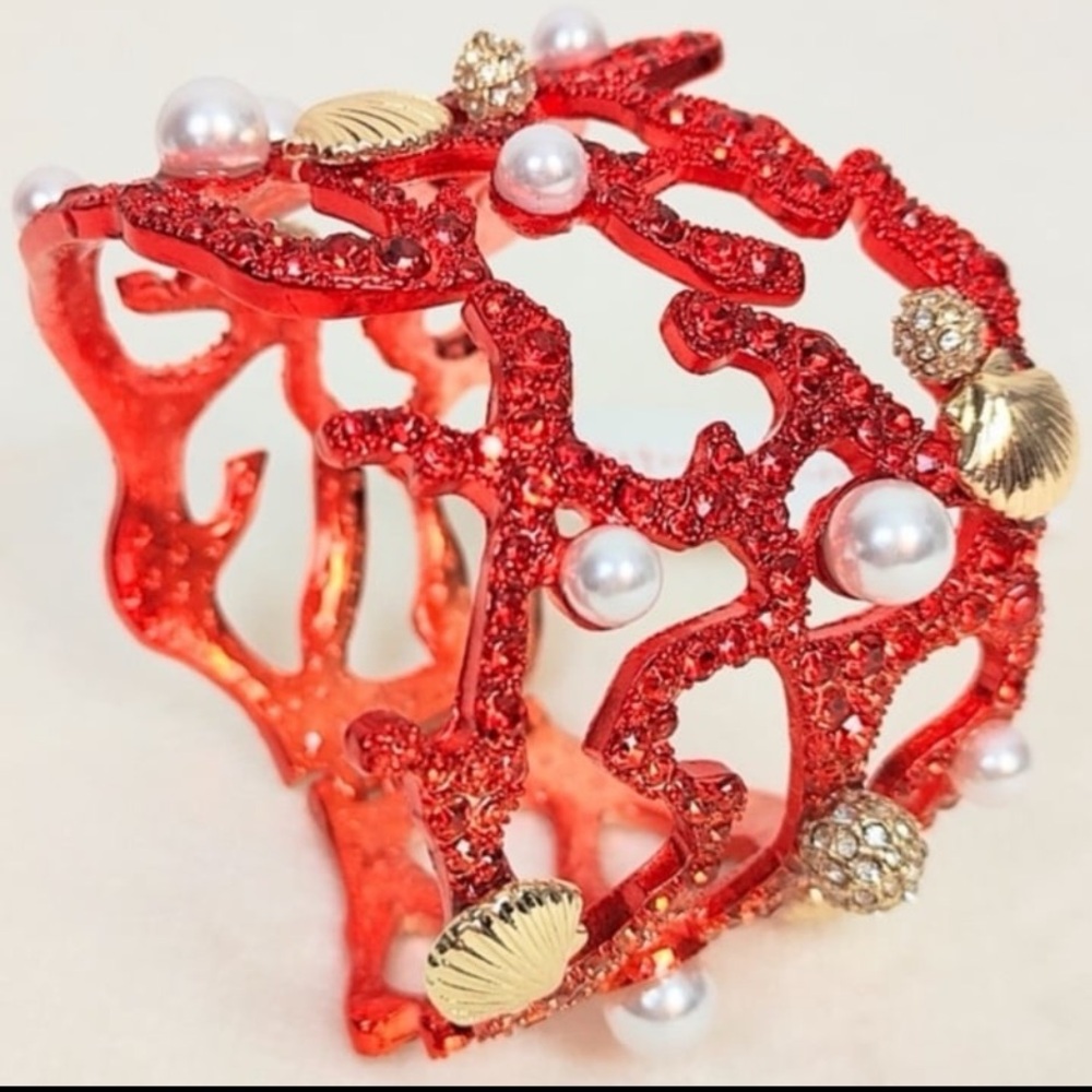 BETSEY JOHNSON Mermaid Jewel Coral Pearls Crystals & Shells Hinged Bracelet NWT